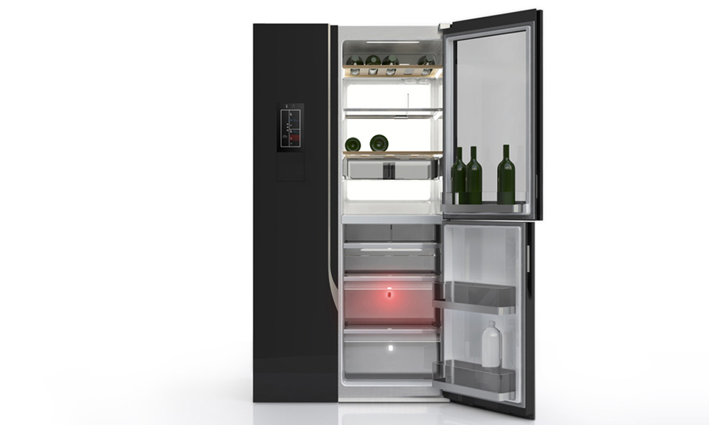 3D render of a concept fridge with its doors open